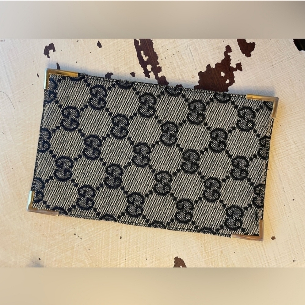 Vintage Gucci Classic Monogram Pattern Note Holder black tan 5.75" x 3.5"